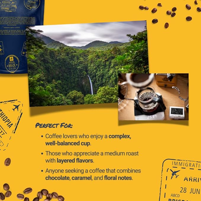 Passport Coffee Continental Blend ??Medium roast blend. Flavor notes of rich chocolate, smooth caramel, floral & citrus. Premium whole bean coffee from iconic regions, 12oz Bag