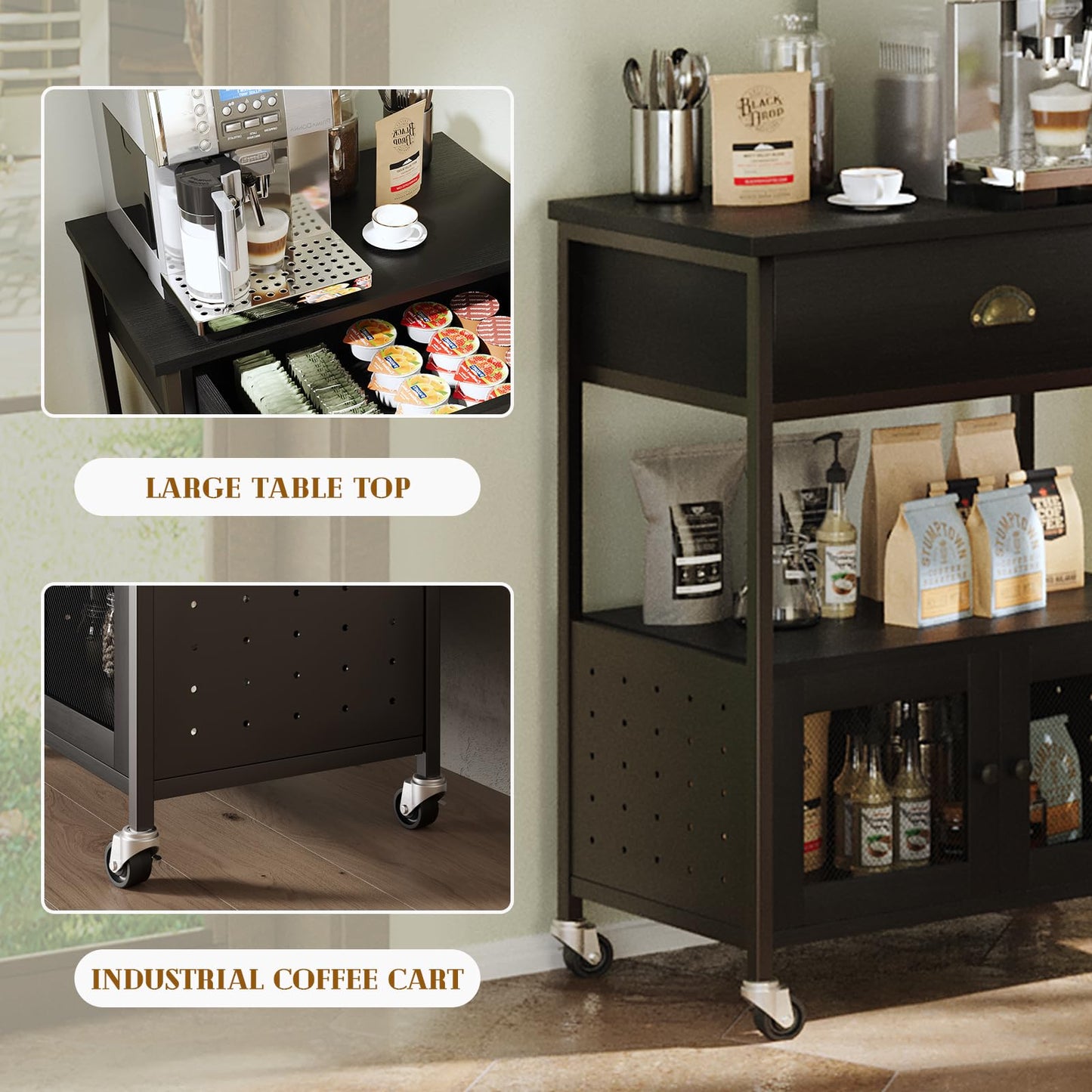 Catrimown Coffee Bar Cart Cabinet,3 Tier Coffee Station Table on Wheels,Coffee Cart with Storage