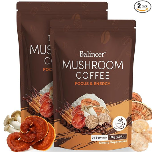 Mushroom Coffee, 6 Adaptogenic Mushrooms with Lion's Mane, Cordyceps, Turkey Tail & More, Instant