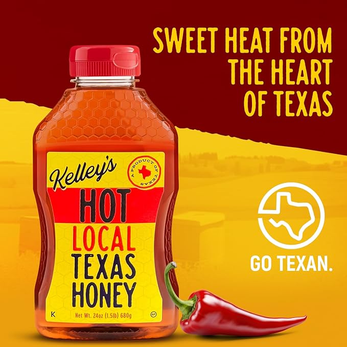 Kelley's Hot Honey, 24 Oz – 100% Unfiltered Raw Honey Infused with Chili Pepper – Rich Flavor for BBQ, Fried Chicken, Pizza, Charcuterie Board, Cornbread