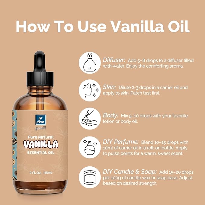 Vanilla Essential Oil 4 Oz, 100% Pure Vanilla Oil for Diffuser, Skin, Hair, Body & Face, Perfume, Sweet Creamy Scent for Relaxation, Aromatherapy & Massage