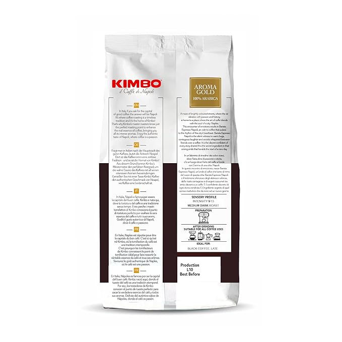 Kimbo Aroma Gold | 100% Arabica Whole Bean Coffee | Medium Dark Roast | 9/13 Intensity | 2.2 Lbs (1kg) Bag