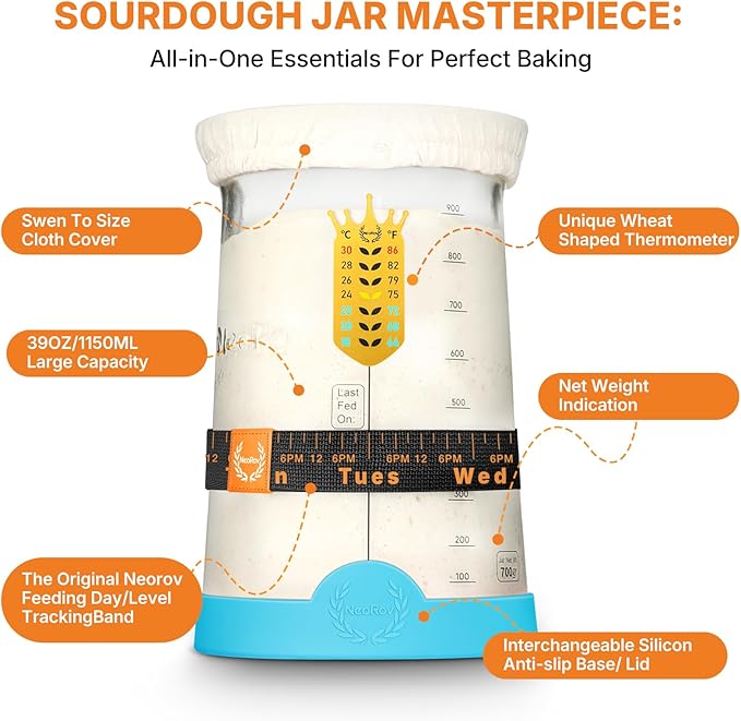 Pro Sourdough Starter Kit - 39 Oz Glass Sourdough Starter Jar (With Cloth Lid,Silicone Base,Scraper,Date Tracker,Temp Strip) - Sourdough Bread Baking Supplies For Sour Dough Bread Loaf (Blue)