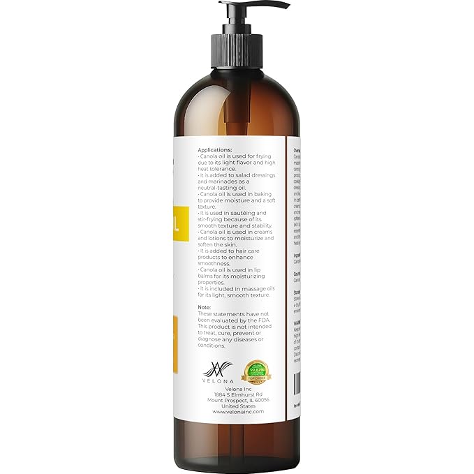 velona Canola Seed Oil 8 fl oz | 100% Pure and Natural Carrier Oil | Refined, Expeller pressed | Cooking, Dressing, Skin, Face, Body, Hair Care | Use Today - Enjoy Results