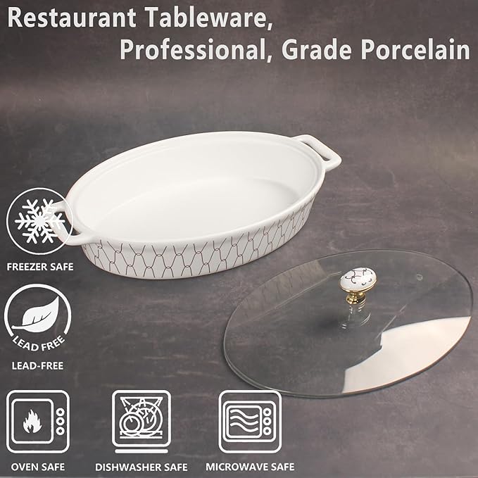 12" x 8" Ceramic Oval Casserole Dish with Glass Lid, 1.7 QT Serving Soup Tureen,Chafing Dish for Buffet, Family Food preserve Tray, Catering Casserole for Party Style