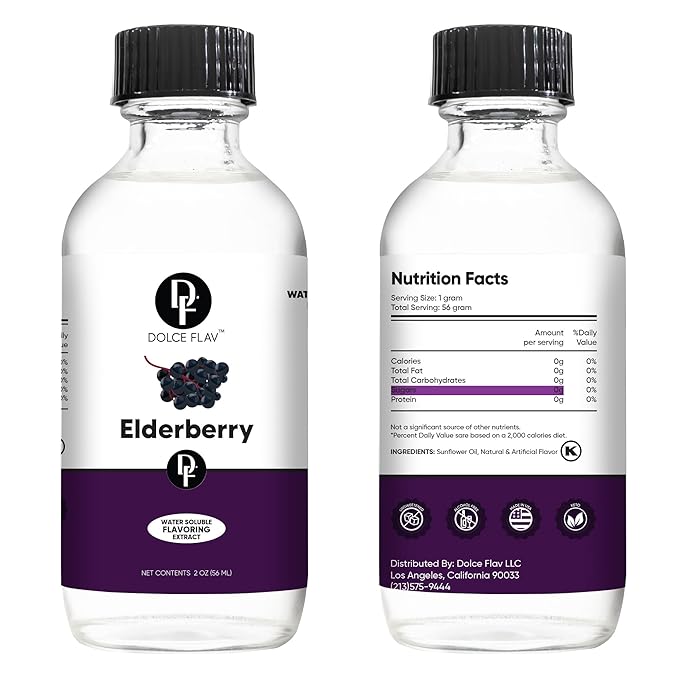 Dolce Flav Elderberry Extract - 2 Ounce Water-Soluble Multipurpose Flavoring Ideal for Baked Goods, Beverages, Coffee, Desserts & Ice Cream - Perfect Kitchen Gift for Holidays