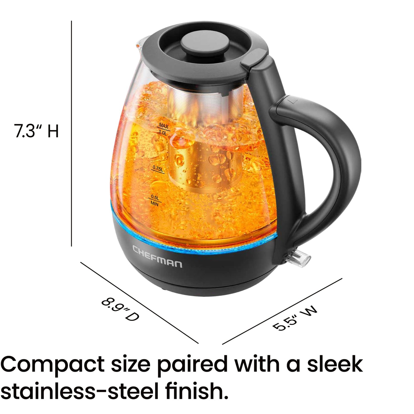 Chefman Electric Kettle with Tea Infuser, Compact 1L (4 Cups), 1500W, Removable Lid for Easy