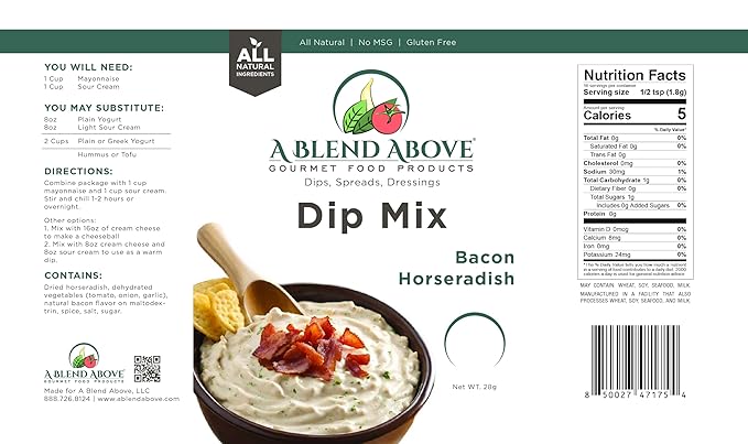 A Blend Above Bacon Horseradish Dip Mix, 1oz (3 Pack), Gluten-Free, No MSG, All Natural, No Preservatives, Vegetable Dip, Keto Friendly, Low Carb, Easy to Make