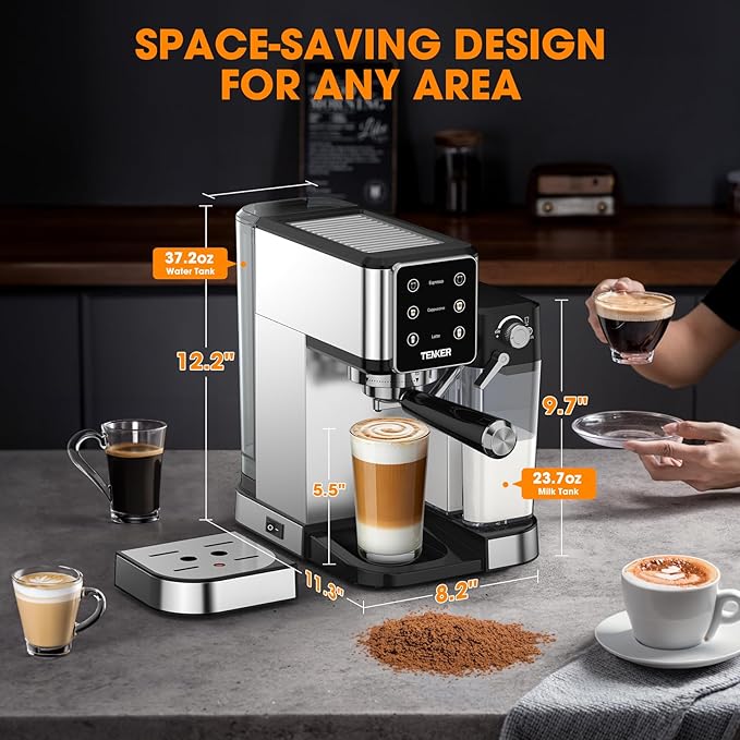 TENKER Espresso Machine, 20 Bar Cappuccino Machine with Automatic Milk Frother, 3-in-1 Coffee Machine, 1350W Dual Boiler Latte Maker, Touchscreen Espresso Coffee Maker, Stainless Steel