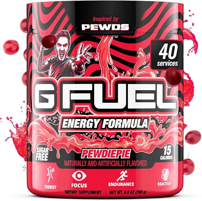 G Fuel PewDiePie Energy Drink Powder, Pre Workout Caffeine Mix for Gaming, Sugar Free Focus Amino, Vitamin + Antioxidants, 9.9oz (Lingonberry, 40 Servings)