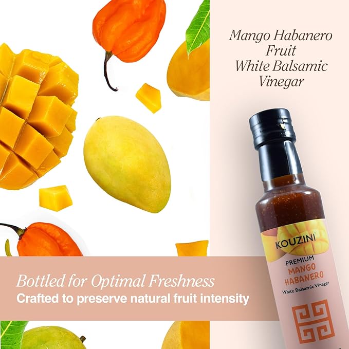 Kouzini Ultra Premium Mango Habanero White Balsamic Vinegar, Aged Balsamic Vinegars from Modena, Italy, Premium, Smooth & Full-Bodied Flavor, 250ml Bottle
