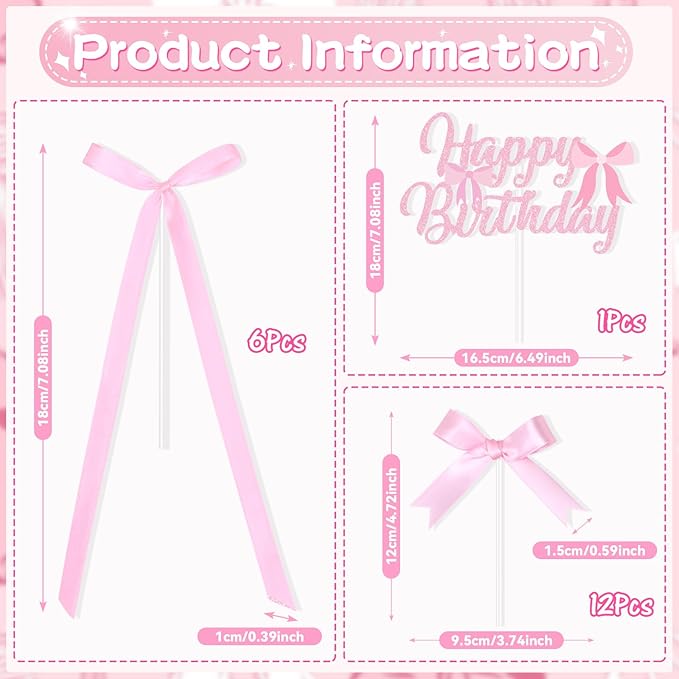 Pink Bow Cake Toppers, Happy Birthday Sign, 12Pcs Ribbion Bow Cupcake Toppers & 6Pcs Cake Toppers for Pink Bow Birthday Decorations, Baby Shower, Bridal Shower, Graduation Party