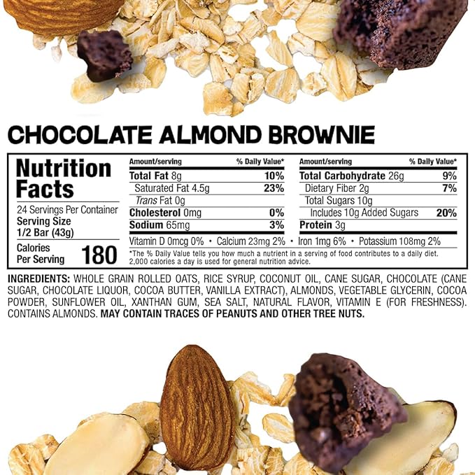 Bobo's Oatmeal Bars, Chocolate Almond Brownie, Gluten Free Vegan Whole Grain Oat Bars, Pack of 12