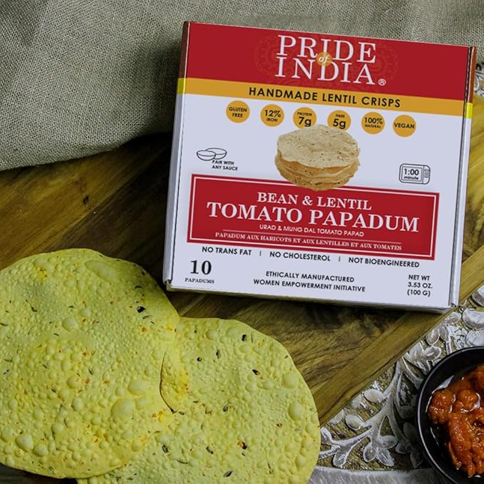 Pride Of India | Tomato Papadum, Pack of 6-10 Count Box (3.53oz - 100gm) | Protein Fiber & Iron Rich, Gluten-Free Vegan Lentil Crackers, Healthy Indian Appetizer | Microwaveable & Ready in Seconds