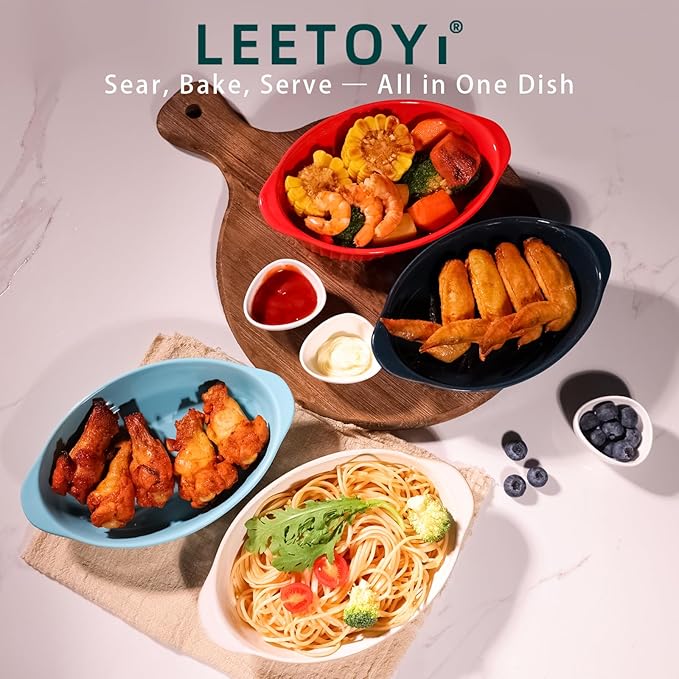 LEETOYI Porcelain Small Oval Au Gratin Pans,Set of 4 Baking Dish Set for 1 or 2 person servings, Bakeware with Double Handle for Kitchen and Home, Navy