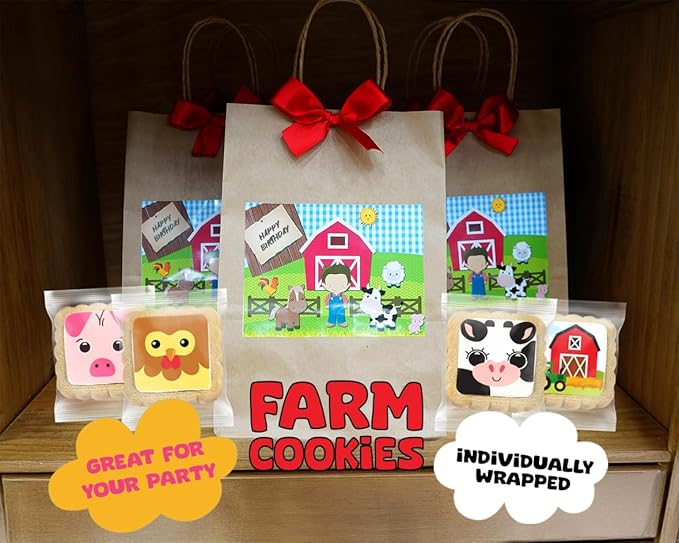 Farm Animal Cookies 24 Pack Party Favors Decorated Bulk | INDIVIDUALLY WRAPPED Sugar Cookies | Barn Yard Baby Shower Birthday Party | Peanut & Nut Free | Barn Tractor Pig Cow Chicken Treats