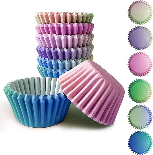 qiqee 300PCS Standard Gradient Cupcake Liners Cupcake Cups 6 Designs Blue Pink Gradient Cupcake Papers Baking Cups Cupcake Wrappers (Medium Size)