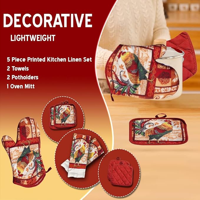 Lobyn Value Packs: Decorative & Functional Rustic Rooster Kitchen Set ??5 Pieces, Perfect for Farmhouse D챕cor Set includes 2 Dish Towel 2 Pot Holders 1 Oven Mitt | Kitchen Towel Set for Daily Use