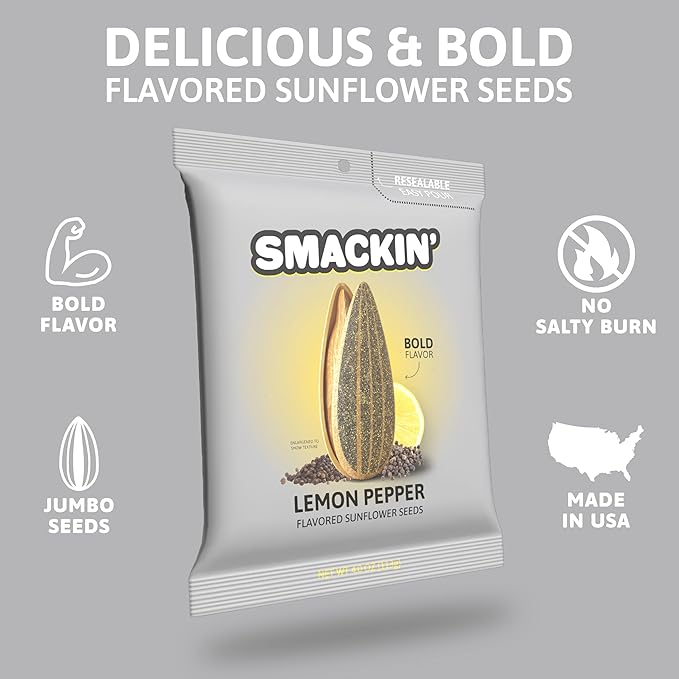 SMACKIN' - Jumbo Roasted Sunflower Seeds, No Salty Burn, American Made, Easy Pour & Seal - Lemon Pepper, 4oz bag (12 Bags)