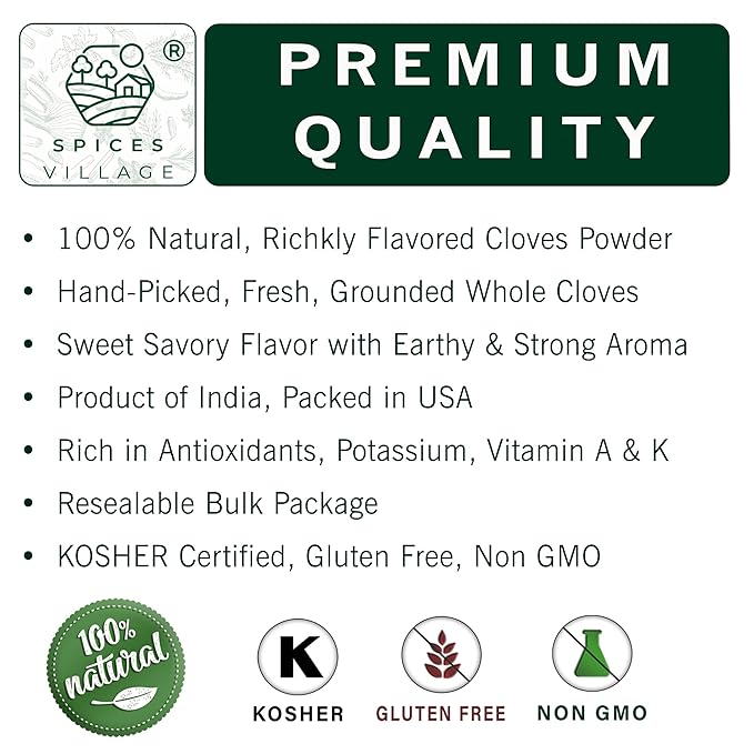 Spices Village Ground Cloves, 8 Ounces, Ground Clove Spice fot Tea, Richly Flavored Cloves Powder for Curries, Pickles and Pumpkin Spices - Certified Kosher, Gluten Free, Non GMO, Resealable Bulk Bag