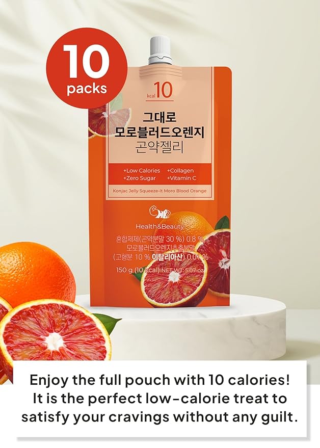 Korean Food Low Calories Squeeze Konjac Jelly Moro Blood Orange Flavor, Fish Collagen, Vitamin, Zero Sugar, Chewier Texture Health&Beauty (Net WT 5.07 oz, Pack of 10) ?¨ㅼë¹??»━