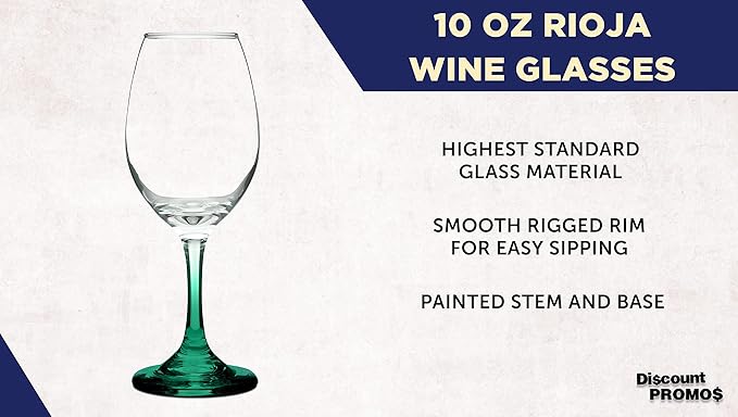 DISCOUNT PROMOS Rioja Wine Glasses with Stem 10 oz. Set of 10, Bulk Pack - Color Bottom, Perfect for Wedding, Party Favors, Birthday, Bridal Shower Gifts - Green
