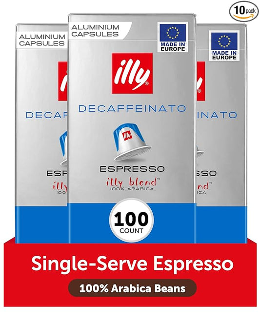 illy Aluminum Espresso Capsules - Compatible with Nespresso Machines - Decaf Coffee - Mild & Balanced - Notes of Caramel and Chocolate - Single Serve Capsules - 10 Count (Pack of 10)