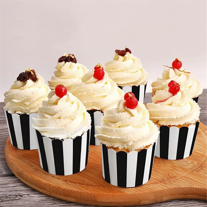 100 Pack Muffin Liners Baking Paper Cups Black and White Stripes Cupcake Liners Elegent Muffins Baking Cups Cupcake Wrappers for Birthday Parties, Weddings, Bottom Dia 2.36 Inch