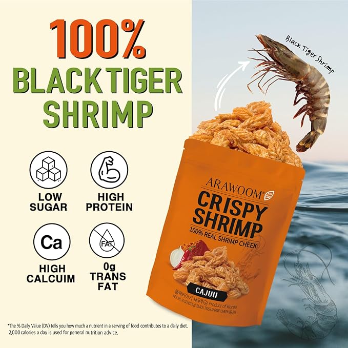 ARAWOOM - 100% Real Black Tiger Shrimp Head Crisps, Cajun Pack [16oz, Pack of 1], Crispy Seafood Snack, High-Protein Crunch, Crunchy On-the-Go Treat