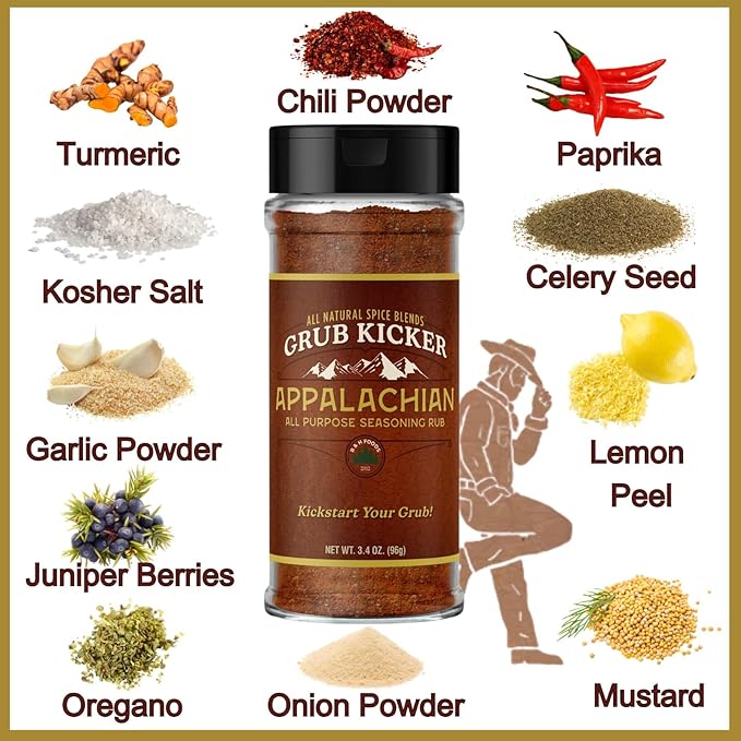 Grub Kicker assorted 4 pack includes: Wildflower Herbes De Provence, Appalachian All Purpose, Baja Fish Taco, Public House Sunday Roast. Premium Seasoning blends