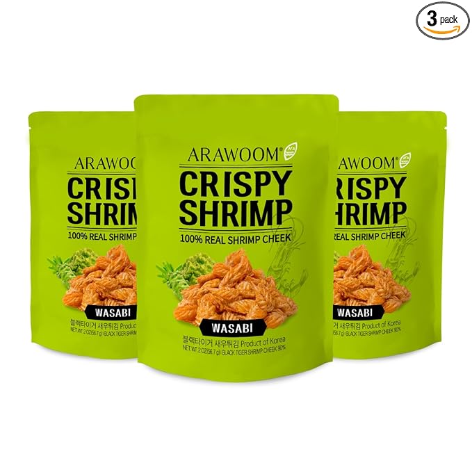 ARAWOOM - 100% Real Black Tiger Shrimp Head Crisps, Wasabi Pack [2oz, Pack of 3], Crispy Seafood Snack, High-Protein Crunch, Crunchy On-the-Go Treat