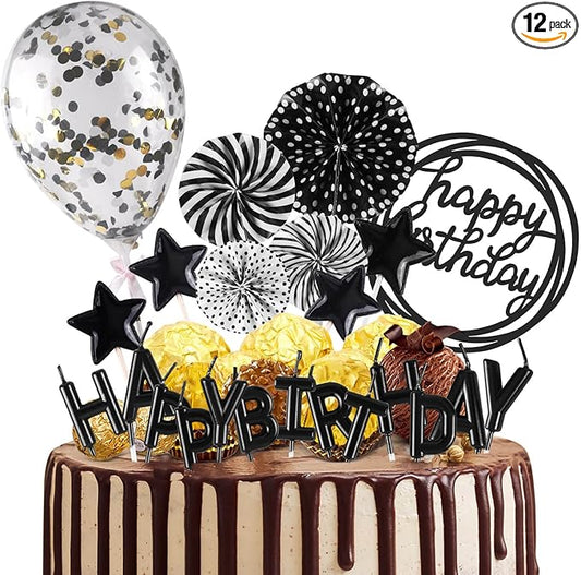 BEAN LIEVE Birthday Candles Set - Cake Topper Decoration with Cake Candles Confetti Balloon Stars and Fan Cupcake Toppers 12 Pieces Birthday Cake Decor for Birthday Party Celebration (Black)