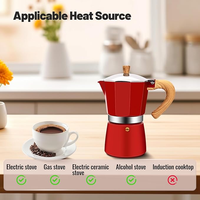6 Cup Aluminum Moka Pot Classic Stovetop Espresso Coffee Maker 300ml 10oz Coffeemaker Percolator Mocha Pot Greca Coffee Maker Cafe Makers for Italian and Cuban Cafì±?Brewing Red