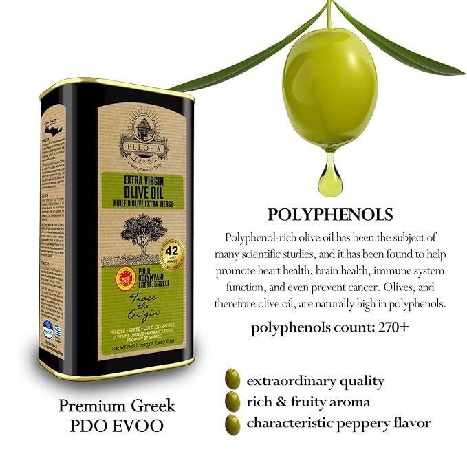 Ellora Farms, Single Estate PDO Greek Extra Virgin Olive Oil, Cold Pressed & Traceable Olive Oil, Kosher, 1 Lt Tin (33.8 oz.), Pack of 4