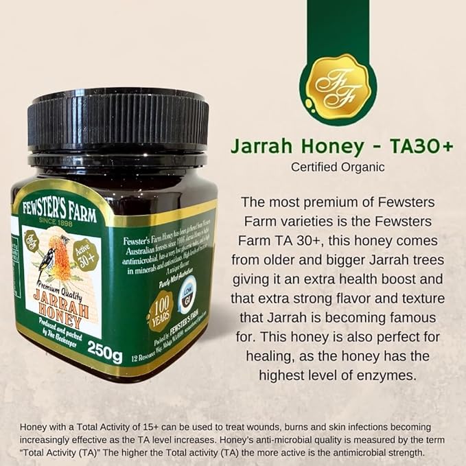 Jarrah Honey TA 30+ - 250 g / 8.8 oz Jarrah Honey is nectar gathered by bees from the flowers of the Jarrah Tree