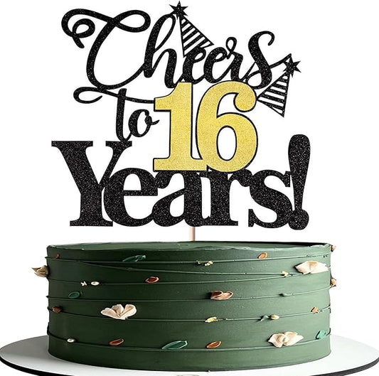 Rsstarxi 1 Pack Cheers to 16 Years Cake Topper Glitter Sixteen Years Old 16th Birthday Cake Pick 16 Fabulous Cake Decorations for Happy 16th Birthday Wedding Anniversary Party Supplies Black