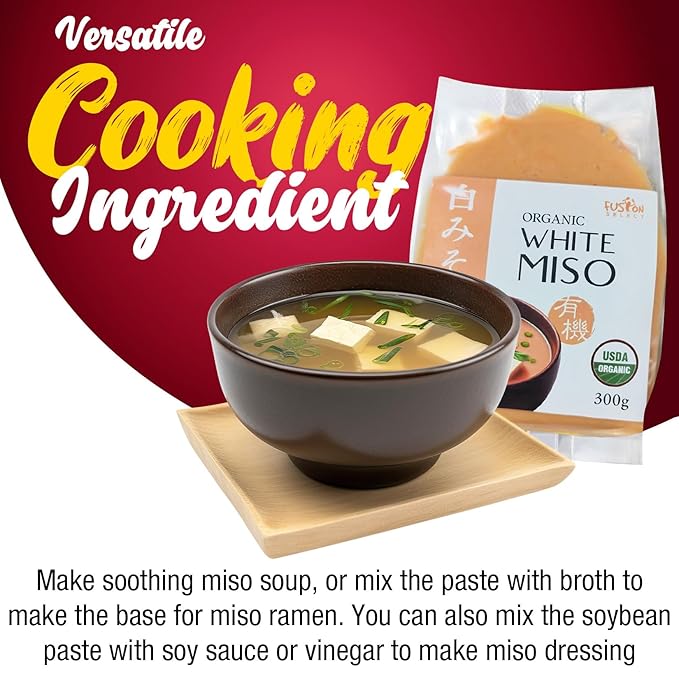 Fusion Select 300g Organic White Miso Paste - Made of Fermented Soy Bean & Rice - Savory Japanese Seasoning For Cooking Soup Base, Broth, Stew, Salad Dressing, Sauce, Marinade, Ramen