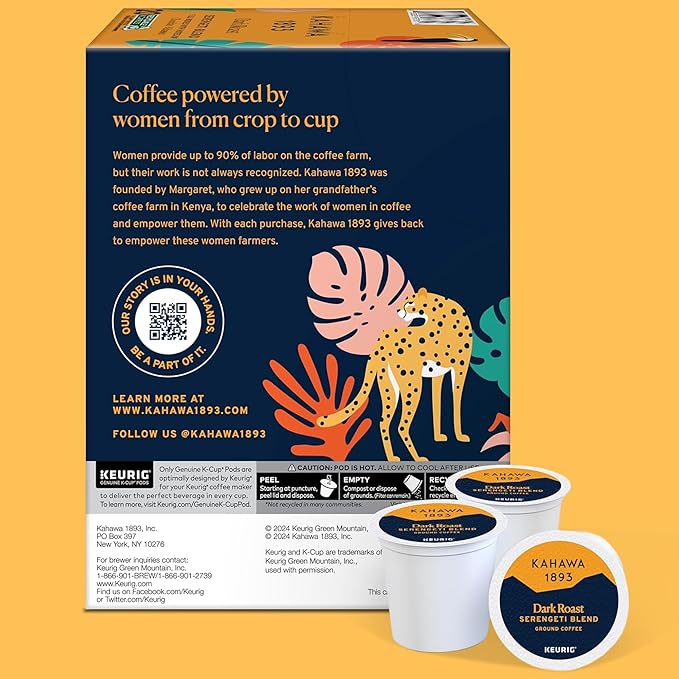 Kahawa 1893 Dark Roast Coffee K-Cup Pods Serengeti Blend (20 Count) - As Seen on Shark Tank, Low Acid, High Antioxidants, Naturally Sweet, Organically Grown, Ethically & Sustainably Sourced