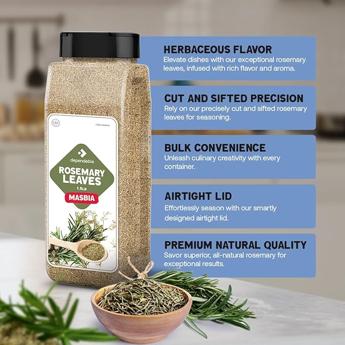 Dependable Foods Rosemary Leaves Cut & Sifted – 1.5 Lb. Jar - Kosher, Rosemary Herb Spice - Non-GMO, Gluten-Free Seasoning Perfect for Roasted Meats, Poultry, Vegetables & Savory Baked Goods