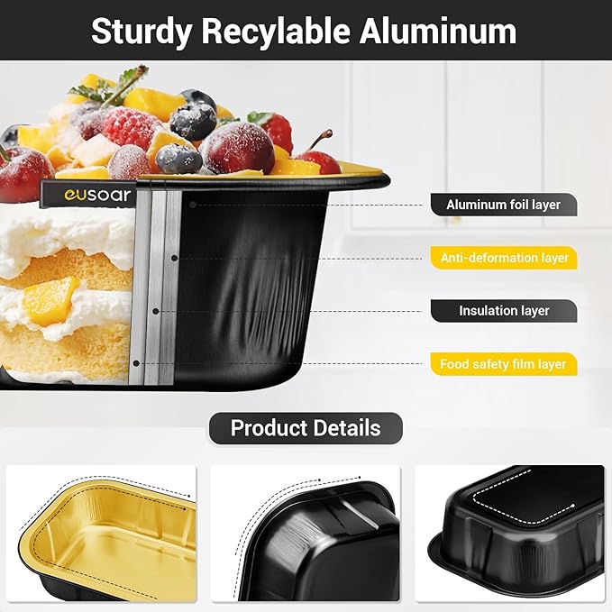 EUSOAR Mini Cake Pans with Lids，Black Gold 50pcs 20.9oz Aluminum Foil Disposable Mini Cake Loaf Bread Pans with Lids, Creme Brulee Ramekins Muffin Liners Baking Cups, Dessert Containers with Lids