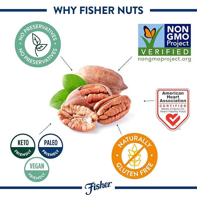Fisher Chef's Naturals Pecan Halves 23 oz 100% Resealable Jar, Unsalted Raw Nuts for Cooking, Baking & Snacking, Healthy Snacks for Adults, Vegan Protein, Keto Snack, Gluten Free Raw Pecans Halves