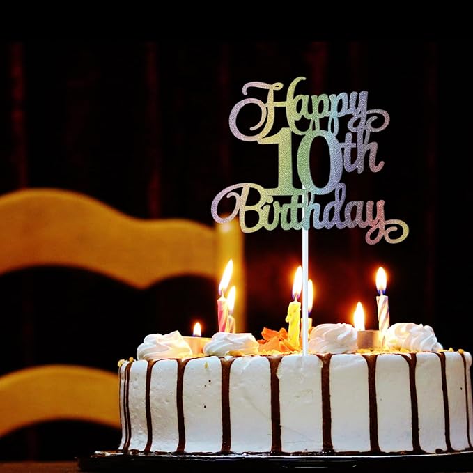 10th Happy Birthday Cake Topper, Glitter Happy 10th Birthday Cake Topper for Birthday Party Cake Decoration(Rainbow Color)