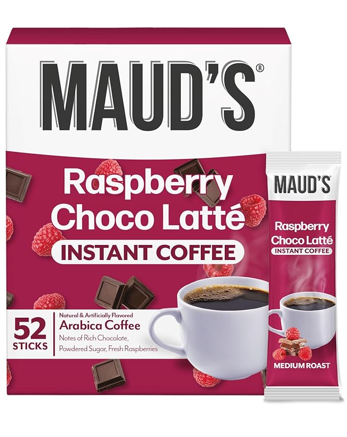 Maud's Raspberry Chocolate Flavored Instant Coffee, 52 ct, 100% Arabica Coffee, Medium Roast, Instant Hot or Iced Coffee - Just add water