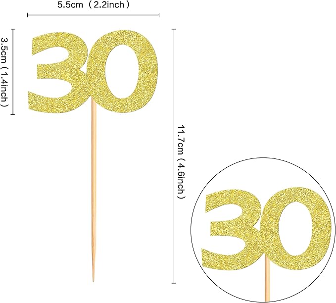 24PCS Gold Glitter 30th Birthday Cupcake Toppers Number 30 Birthday Celebrating Cake Decorations Supplies for Birthday Anniversary Party