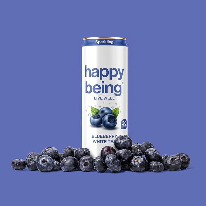 Happy Being Sparkling Nutrient-Rich Blueberry White Tea – Infused with Turmeric, Elderberry, Vitamin D3, Caffeine Free, Plant-Based, Low Calorie & Low Sugar Drinks, 12oz (4 Pack)
