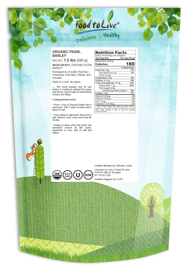 Food to Live Organic Pearl Barley, 1.5 Pounds ??Non-GMO, Polished Unhulled Barley, Kosher, Vegan, Bulk. Cooks Faster than Hulled Barley. Rich in Fiber, Selenium. Great for Hot Cereal, Salads, Stews