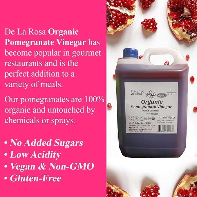 De La Rosa Organic Pomegranate Vinegar, Pure & Unfiltered, Vegan, Gluten Free & Kosher, Great for Salad Dressing, Marinades, 100% Pure Pomegranate Vinegar 5 Liters (pack of 1)