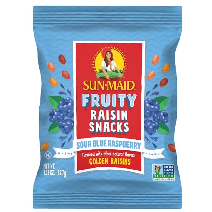 Sun-Maid Sour Blue Raspberry Fruity Raisin Snacks - (200 Pack) 1.33 oz Pouches - Sour Blue Raspberry Raisins - Dried Fruit Snack for Lunches and Snacks