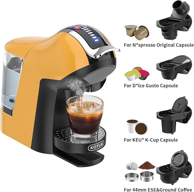 KOTLIE Espresso 5in1 Single Serve Coffee Maker, 19Bar Cappuccino&Latte Maker, Cold&Hot Brewing Coffee Machine for K*cup/NES*presso Original/D*olce G*usto/Ground Coffee/44mm ESE(Yellow)
