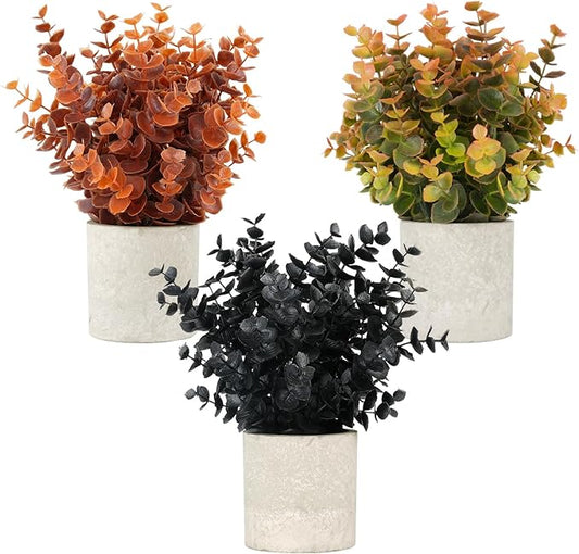 Velener 3 PCS Small Fake Eucalyptus Plant Artificial Potted Plants Indoor for Desk, Shelf, Home Decor Realistic Faux Plant for Office, Bathroom, Living Room Decoration (Fall Green/Orange/Black)